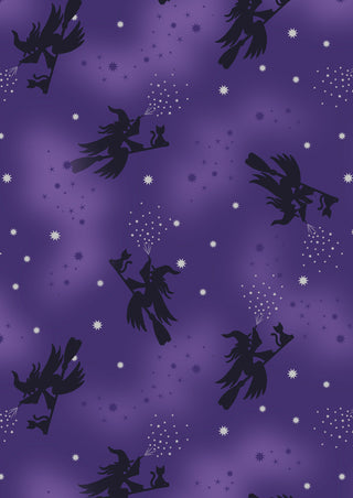 Cast a Spell Flying Witches on Purple (Silver Metallic)
